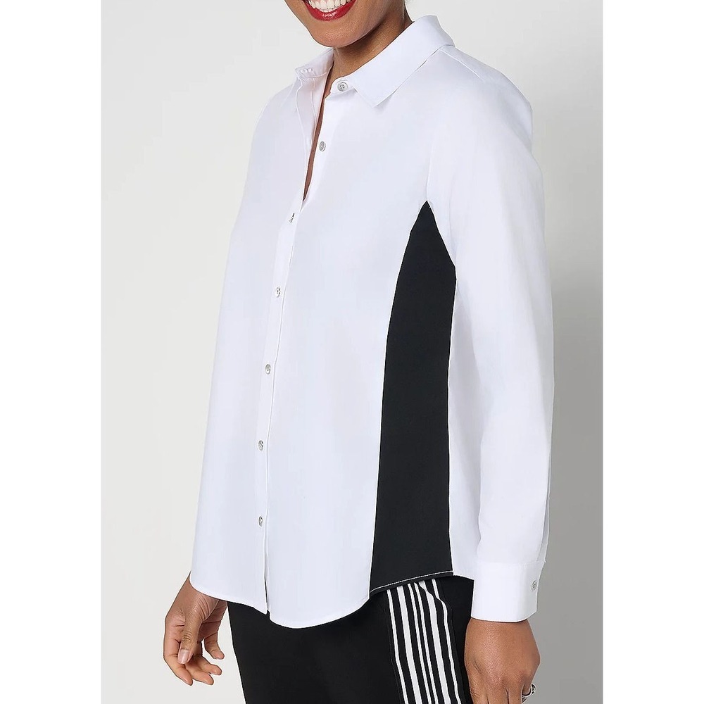 Attitudes by Renee Poplin Button Front Color Block Shirt - White/Black - Small